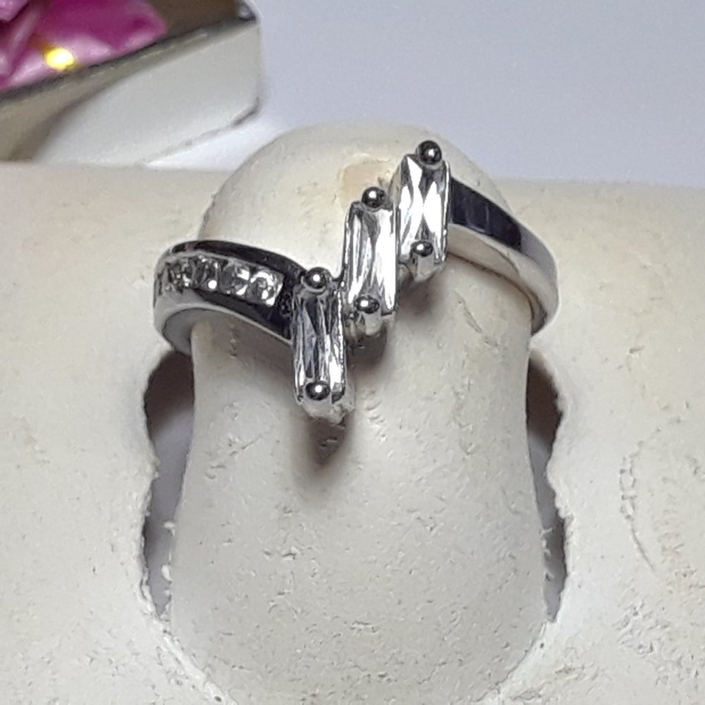 .66cttw 3 Straight Baguette & Round CZ offset channel Sterling Silver Ring#17911